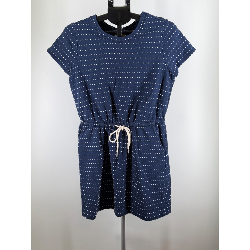 Lou & Grey Navy Blue Polka Dot Short Sleeve Drawstring Waist Pocket Dress Medium